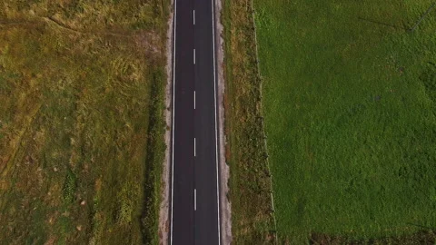 Aerial drone view of wide open empty road deep amongst wilderness forest with Stock Footage 141980224
