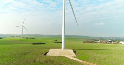 Aerial drone view on Wind Power, Turbine, Windmill, Energy Production. Green Stock Footage 85289951