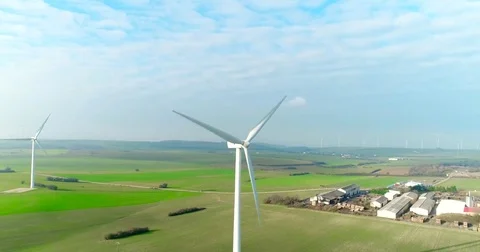 Aerial drone view on Wind Power, Turbine, Windmill, Energy Production. Green Stock Footage 85290887