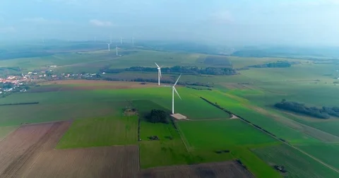 Aerial drone view on Wind Power, Turbine, Windmill, Energy Production. Green Stock Footage 85291359