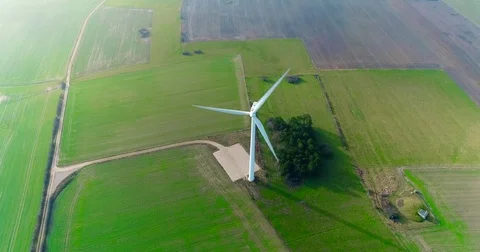 Aerial drone view on Wind Power, Turbine, Windmill, Energy Production. Green Stock Footage 85291461