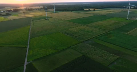 Aerial drone view of wind power turbines, part of a wind farm. Wind turbines  Stock Footage 197578683
