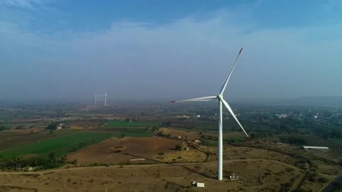 Aerial Drone View of Wind Turbine Over Farmland in Gujarat, India 06 Stock Footage 341387771