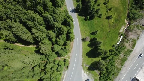Aerial Drone View of a Winding Mountain Road Through Lush Green Alpine Forest Stock Footage 330484513