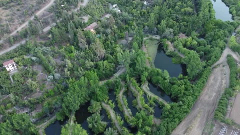 Aerial drone view of winding river through lush green landscape in Chile Stock Footage 334814077