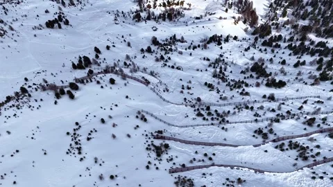 Aerial drone view of winding snow fence across alpine ski slopes in winter Vídeos de archivo 334352190