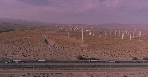 Aerial Drone View of Windmills at Sunset in Palm Springs, California Stock Footage 79938115