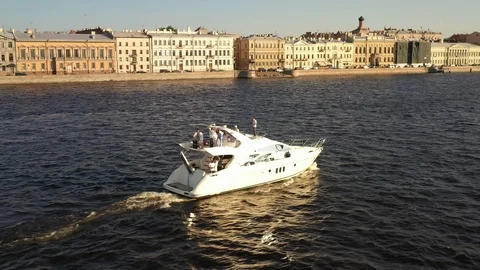 Aerial Drone View Of a Yacht Navigating On The River. Saint Petersburg Stock Footage 112218534