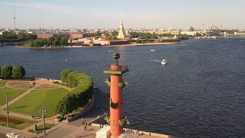Aerial Drone View Of A Yacht Navigating On The River. Saint Petersburg Stock Footage 112218986