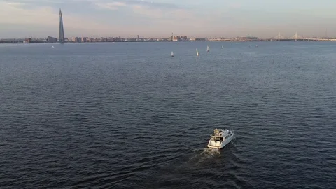Aerial Drone View Of A Yacht Navigating Near The Coast Of Gulf Of Finland Stock Footage 112219005