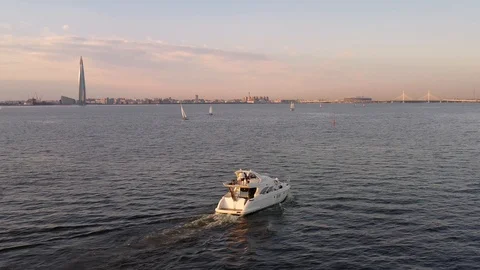 Aerial Drone View Of A Yacht Navigating Near The Coast Of Gulf Of Finland Stock Footage 112219318
