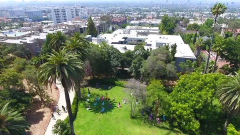 Aerial drone view of yoga practice amidst in Runyon Canyon in Hollywood Stock Footage 317577667