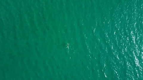 Aerial drone view of a young alone girl floating in the transparent sea Stock Footage 129380502