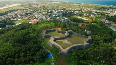 Aerial drone view of Zakimi castle ruins Yomitan Okinawa Japan Stock Footage 124241971