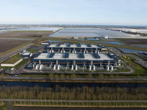Aerial drone views of a supercomputer data center, artificial intelligence, and Stock Photos