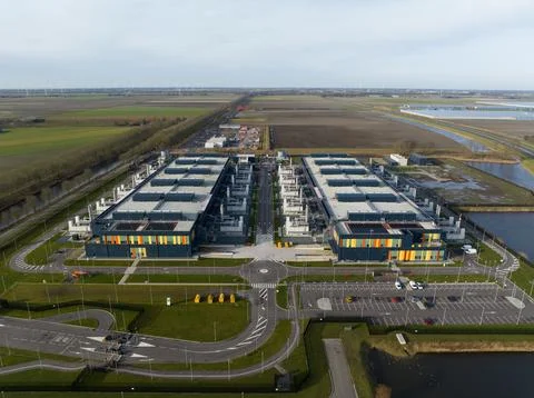 Aerial drone views of a supercomputer data center, artificial intelligence, and Stock Photos