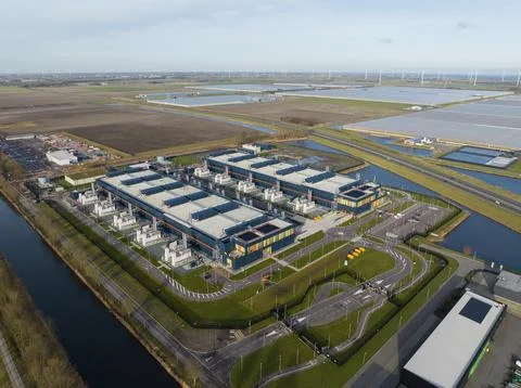 Aerial drone views of a supercomputer data center, artificial intelligence, and Stock Photos