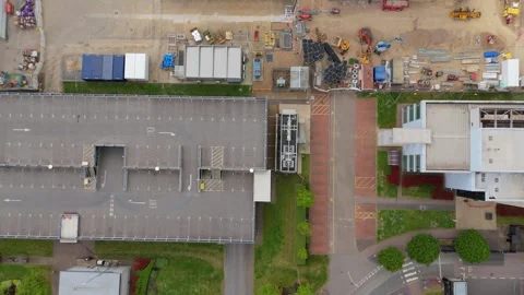 Aerial drone warehouse data centre fans business quantum computing UK England Stock Footage 308589351