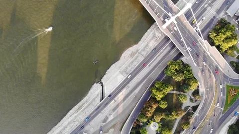 Aerial drone wide angle overhead footage slowly moving towards Elisabeth Bridge Stock Footage 94415065