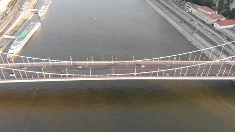 Aerial drone wide angle overhead footage shows traffic on Elisabeth Bridge Stock Footage 94415482