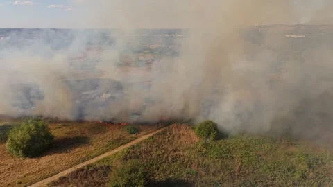 Aerial Drone Wildfire at Rammey Marsh North London with Smoke and Flames Stock Footage 340619662