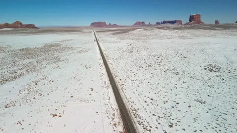Aerial Drone Winter View, long road, Monument Valley, Arizona Desert Rare, West Stockbeeldmateriaal 318972286