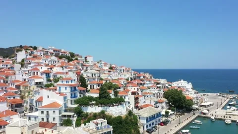 Aerial Drones view of a hillside Town in Greece Video stock 302930695