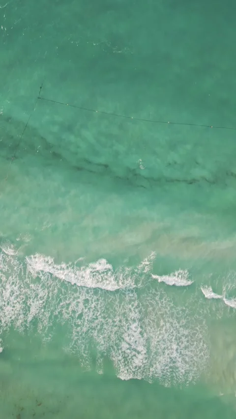 Aerial drop from resort pool to seaweed coast Stock Footage 345682402