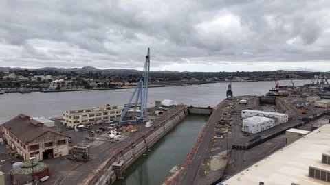 Aerial of a Dry Dock, Floating Crane and Historic Buildings, Mare Island 4K 库存影片 337277686