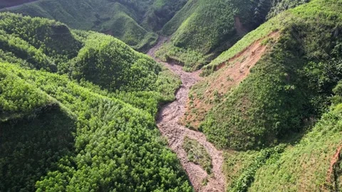 Aerial Dry Riverbed in Lush Hillscape Stock Footage 264558822