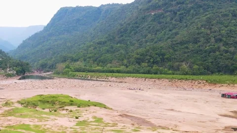 Aerial dry riverbed sand mining hills Bichanakandi Sylhet Bangladesh 库存影片 345196349