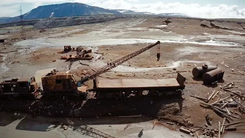 Aerial. A dump of broken rusty wagons and locomotives Stock Footage 72661102