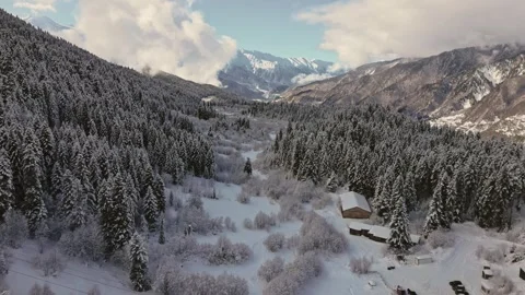 Aerial dynamic hyperlapse over snow covered pine forest and wooden hut near.. Stock-Footage 311969434