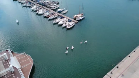 Aerial dynamic view sailboats moving in formation in marina bay Stock Footage 344547437
