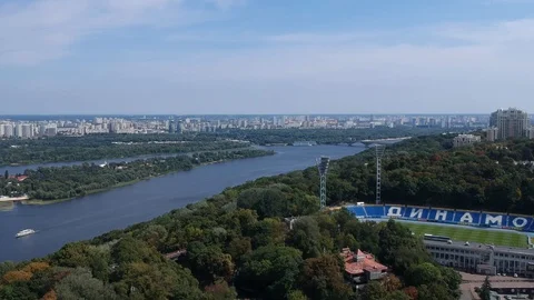 Aerial Dynamo Stadium Dnieper River in Kiev. Summer time of the year. Stock Footage 128732294