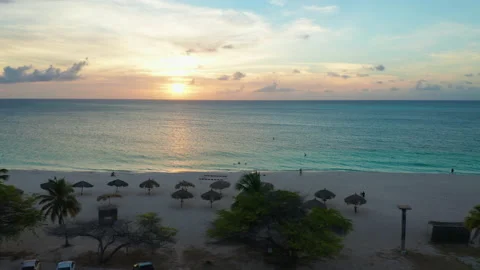 Aerial of Eagle Beach in Aruba at Sunset Stock Footage 236406477