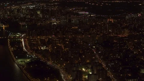 AERIAL: East Village, Brooklyn and Lower Manhattan beautiful cityscape at night Stock Footage