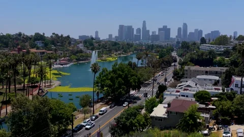 Aerial Echo Park Lake Los Angeles Downtown Skyline Flyover Stock Footage 343675678