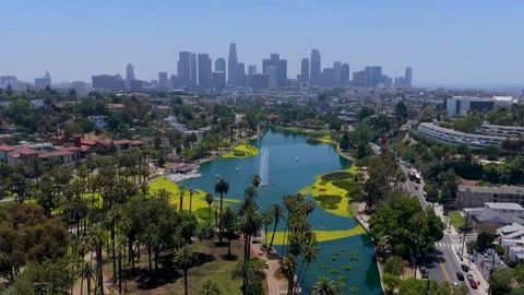 Aerial Echo Park Lake Los Angeles City Skyline Orbit Stock Footage 343675734