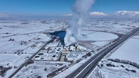 Aerial electricty power generator steam winter forward 1 4K Stock Footage 232084170