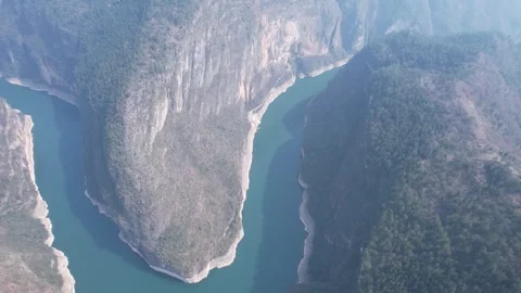 Aerial Emerald River Through Wushan Lesser Three Gorges Canyon Stock Footage 342306126