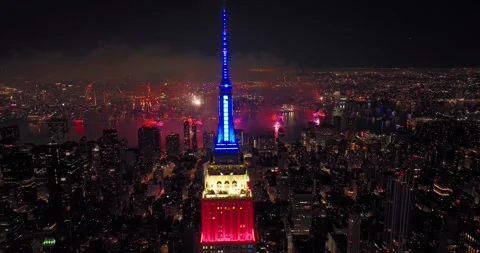 Aerial Empire State Building Red, White and Blue Fireworks NYC 4th of July Stock Footage 245367288