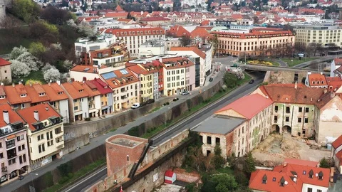 Aerial of Empty Bratislava City Centre during CoronaVirus Quarantine Stock Footage 128650672