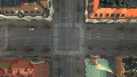 Aerial of empty intersection in Stockholm during Coronavirus Covid-19 outbreak Stock Footage 127788585