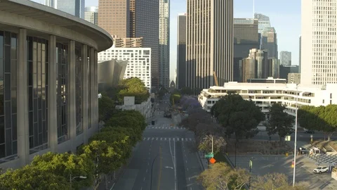 Aerial of empty road in downtown LA during corona quarantine, USA 2020 Stock Footage 135345340