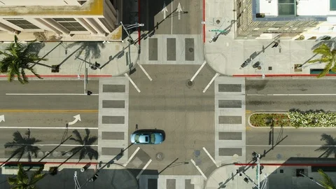 Aerial of empty Rodeo Drive junction in LA during corona quarantine, USA 2020 Stock Footage 135353987