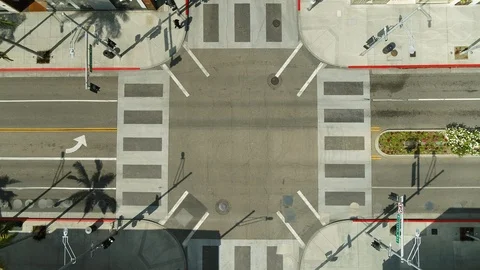 Aerial of empty Rodeo Drive junction in LA during corona quarantine, USA 2020 Stock Footage 135354110