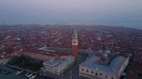Aerial empty St. Marks Square, Venice, Italy foggy sunrise Stock Footage 137159684