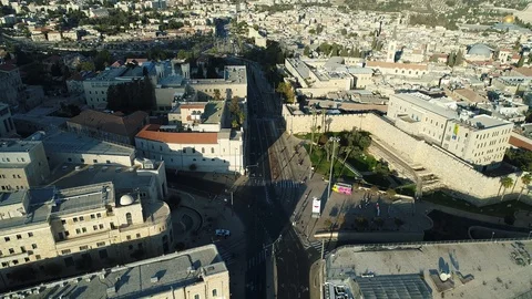 Aerial of empty streets of Jerusalem on Atonement Day. DJI_0065-03 Stock Footage 106078277