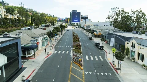 Aerial of empty Sunset Boulevard during corona quarantine, USA 2020 Stock Footage 135356623